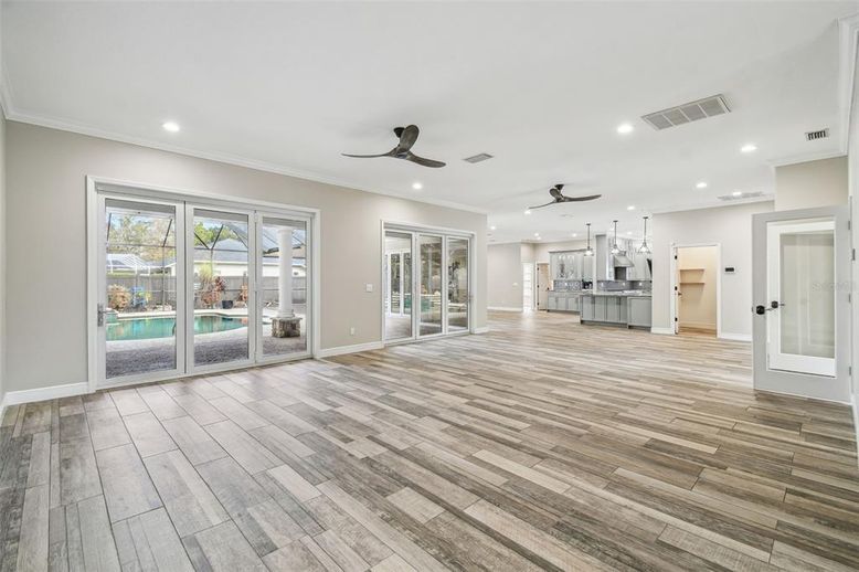 Empty room, Interior, Kitchen, Pendant Lights, Recessed Lighting, Wood Texture Flooring