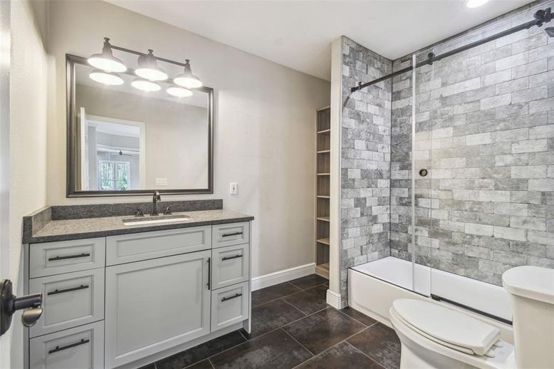 Bathroom, Glass Shower, Interior, Recessed Lighting, Stone Walls