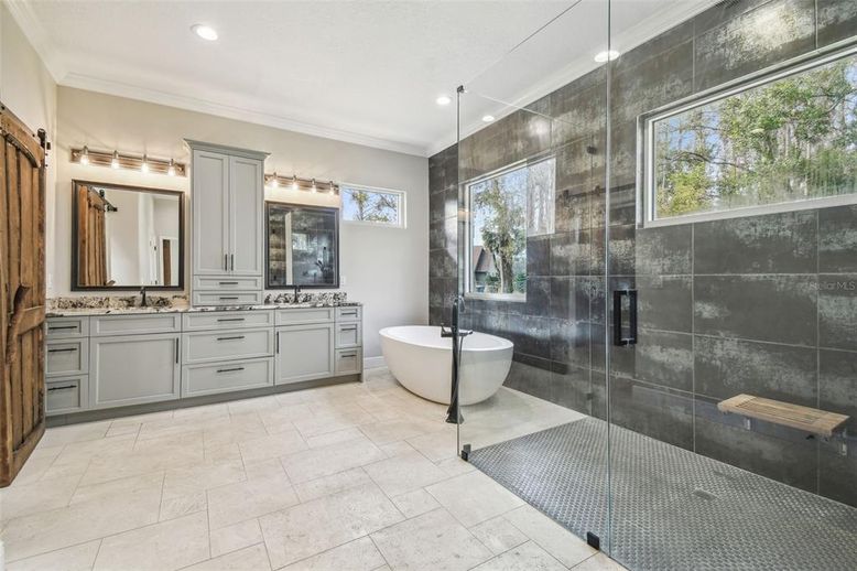 Bathroom, Dual Sink Vanities, Free Standing Baths, Glass Shower, Interior, Recessed Lighting
