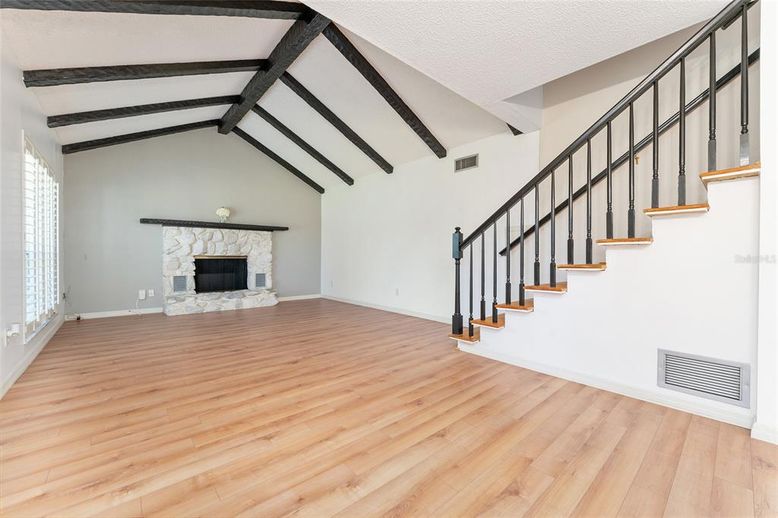 Empty room, Fireplace, Interior, Wooden Beams, Wood Texture Flooring