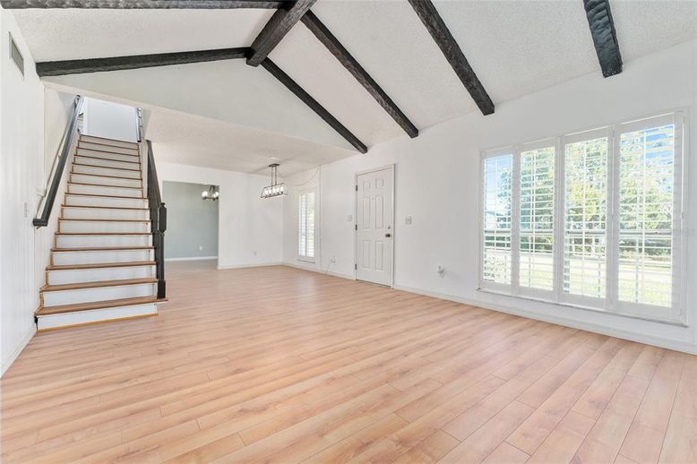 Chandelier, Empty room, Interior, Pendant Lights, Wooden Beams, Wood Texture Flooring