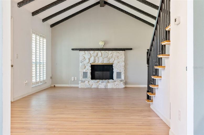 Empty room, Fireplace, Interior, Wooden Beams, Wood Texture Flooring