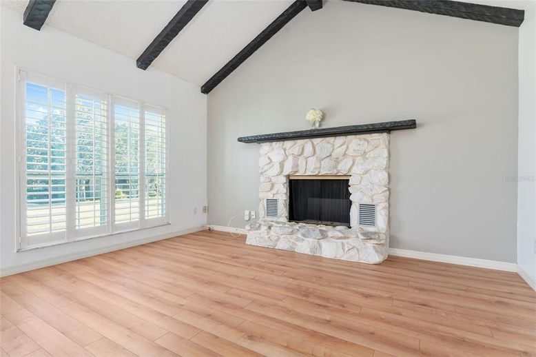 Empty room, Fireplace, Interior, Wooden Beams, Wood Texture Flooring