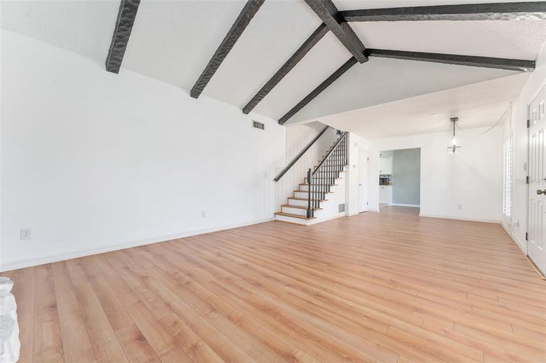 Empty room, Interior, Pendant Lights, Wooden Beams, Wood Texture Flooring