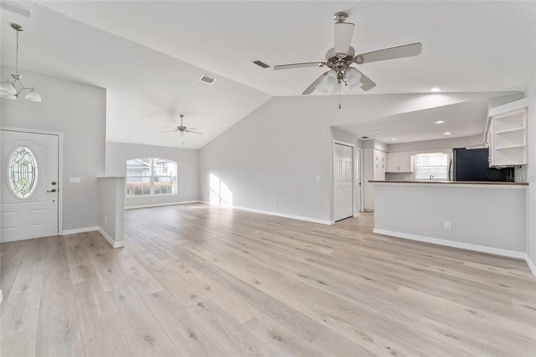 Empty room, Interior, Kitchen, Pendant Lights, Recessed Lighting, Wood Texture Flooring