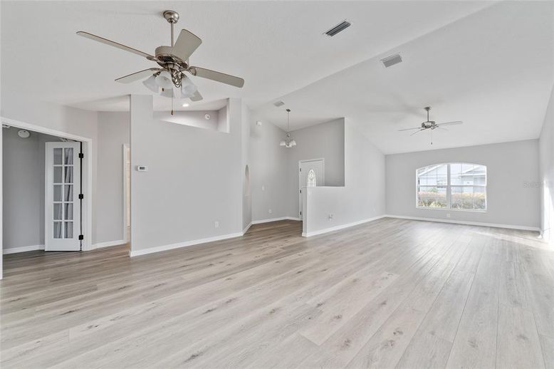 Empty room, Interior, Pendant Lights, Recessed Lighting, Wood Texture Flooring