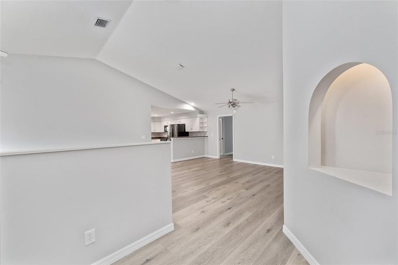 Empty room, Interior, Kitchen, Recessed Lighting, Wood Texture Flooring