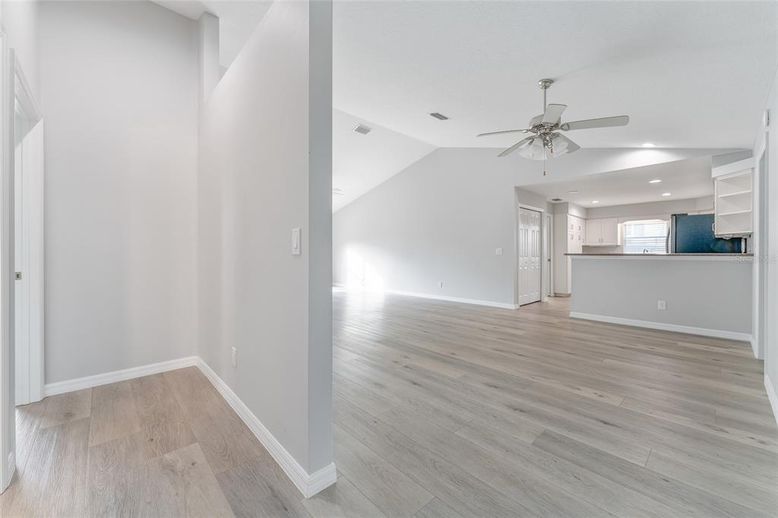 Empty room, Interior, Kitchen, Recessed Lighting, Wood Texture Flooring
