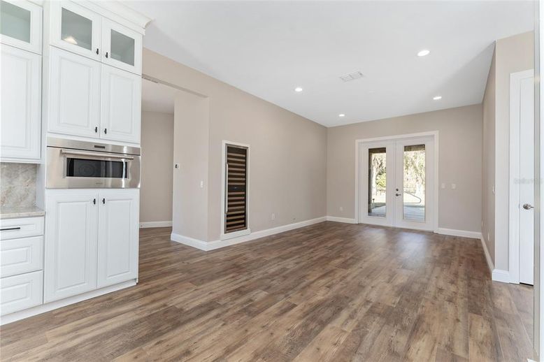 Empty room, Interior, Kitchen, Recessed Lighting, Wood Texture Flooring
