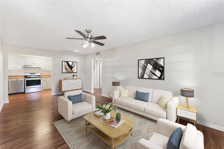Interior, Kitchen, Living room, Recessed Lighting, Stainless Steel Appliances, Wood Texture Flooring