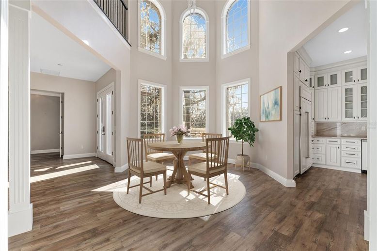 Dining room, Interior, Recessed Lighting, Wood Texture Flooring