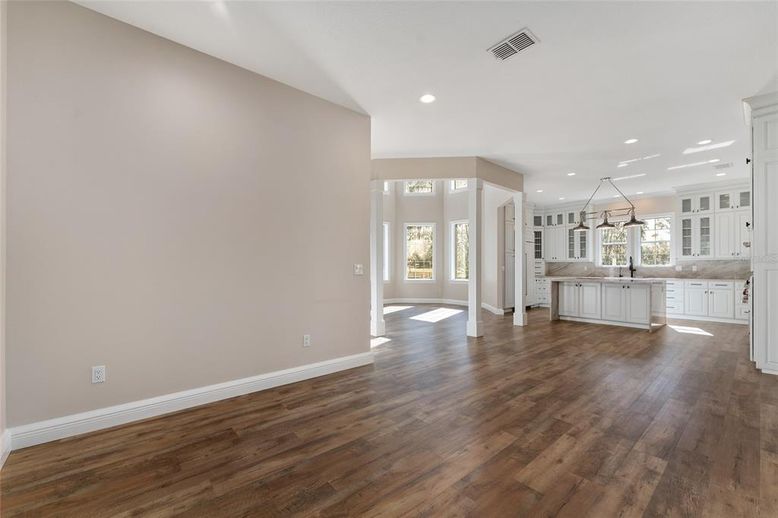Empty room, Interior, Kitchen, Recessed Lighting, Wood Texture Flooring