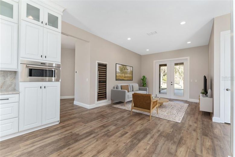 Interior, Kitchen, Living room, Recessed Lighting, Stainless Steel Appliances, Wood Texture Flooring