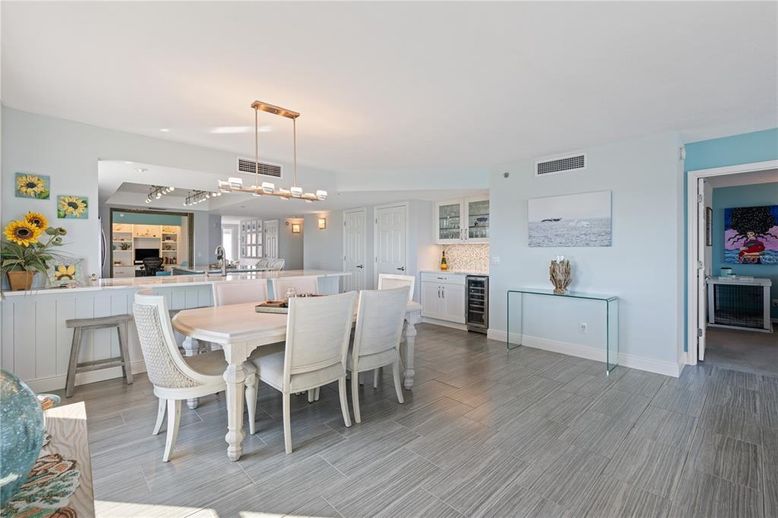 Dining room, Interior, Kitchen, Pendant Lights, Stainless Steel Appliances, Wood Texture Flooring