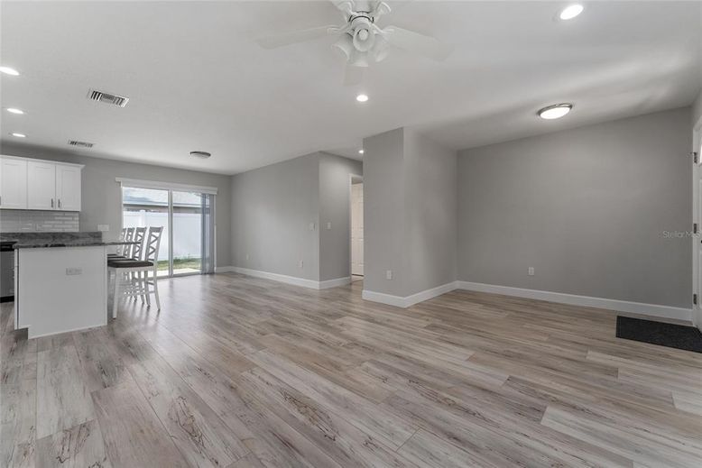 Empty room, Interior, Kitchen, Recessed Lighting, Wood Texture Flooring