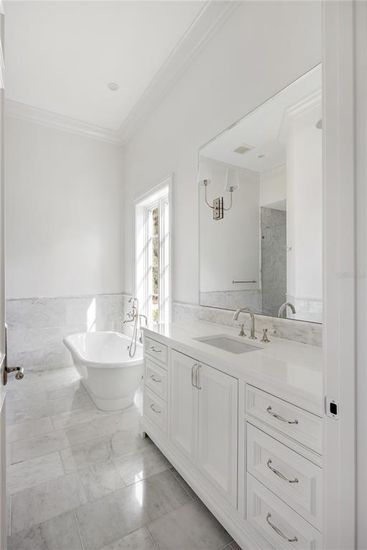 Bathroom, Dual Sink Vanities, Free Standing Baths, Interior, Marble, Recessed Lighting