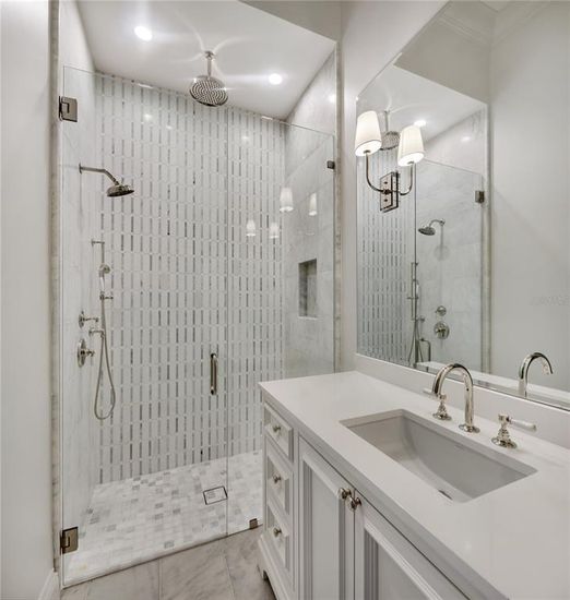 Bathroom, Dual Sink Vanities, Glass Shower, Interior, Recessed Lighting
