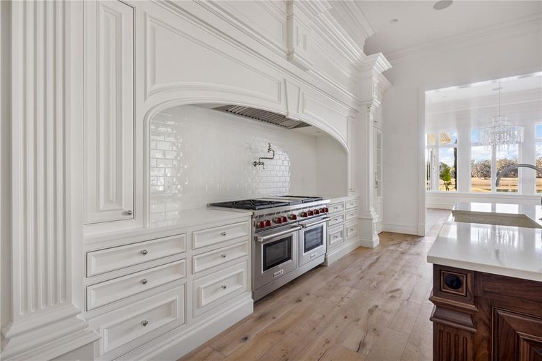 Chandelier, Interior, Kitchen, Pendant Lights, Stainless Steel Appliances, Wood Texture Flooring