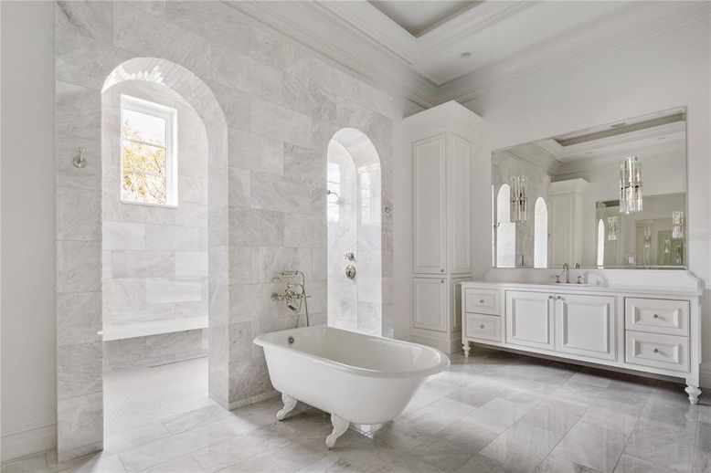Bathroom, Dual Sink Vanities, Free Standing Baths, Interior, Pendant Lights