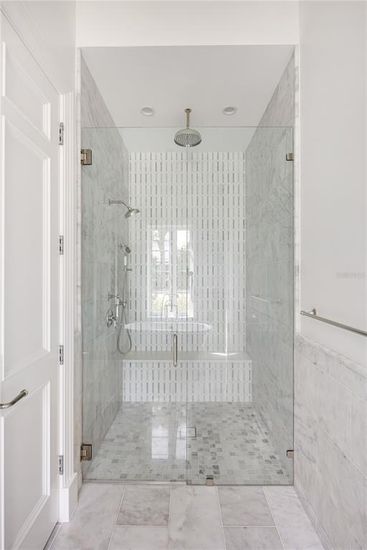 Bathroom, Glass Shower, Interior, Marble, Marble Walls, Recessed Lighting