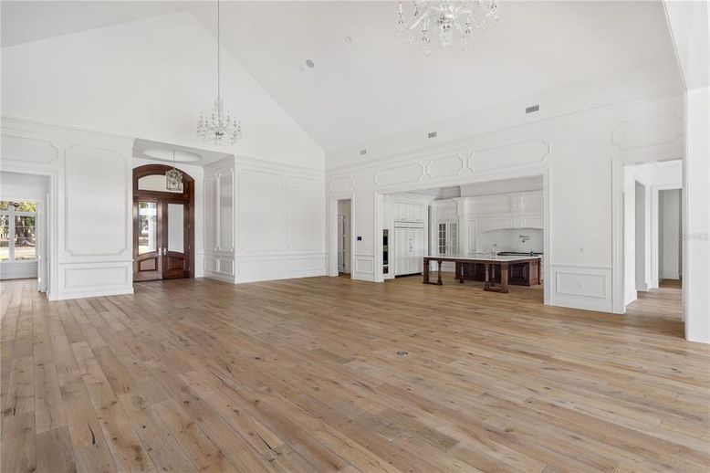 Chandelier, Empty room, Interior, Pendant Lights, Wood Texture Flooring