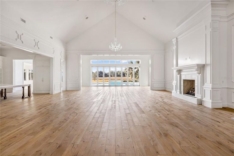 Empty room, Fireplace, Interior, Pendant Lights, Wood Texture Flooring