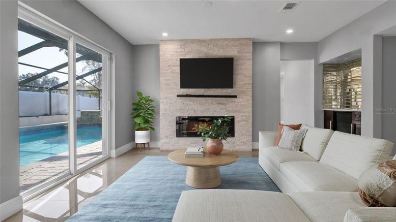 Fireplace, Interior, Living room, Recessed Lighting, Stone Walls