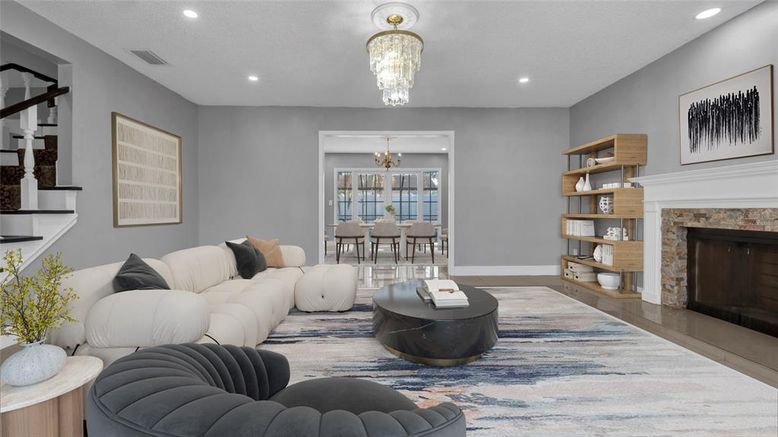 Chandelier, Dining room, Fireplace, Interior, Living room, Recessed Lighting, Wood Texture Flooring