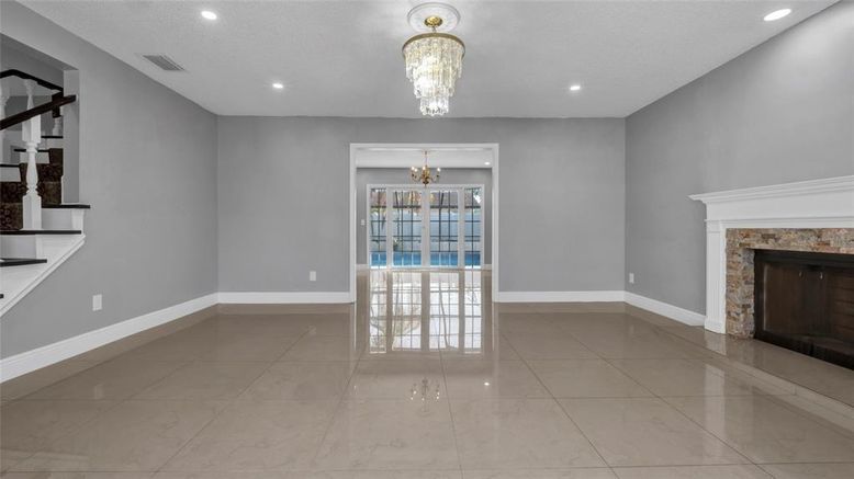 Chandelier, Empty room, Fireplace, Interior, Recessed Lighting