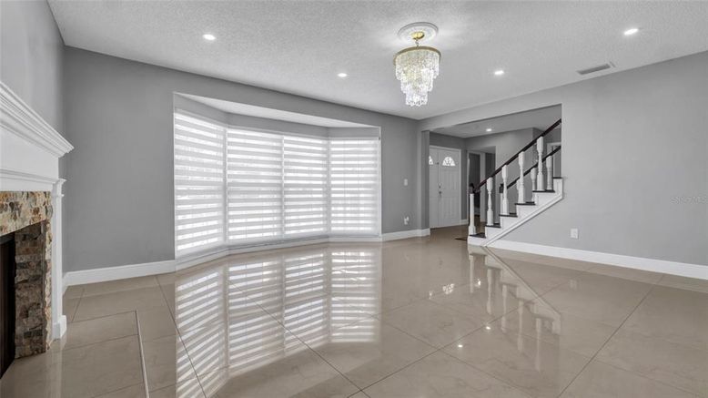 Chandelier, Empty room, Fireplace, Interior, Recessed Lighting