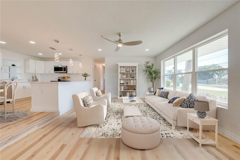 Interior, Kitchen, Living room, Pendant Lights, Recessed Lighting, Wood Texture Flooring
