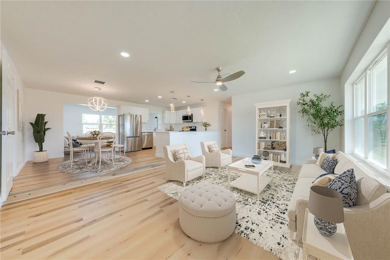 Dining room, Interior, Kitchen, Living room, Pendant Lights, Recessed Lighting, Stainless Steel Appliances, Wood Texture Flooring
