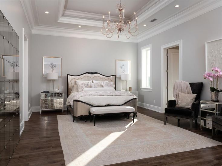 Bedroom, Chandelier, Interior, Recessed Lighting, Wood Texture Flooring