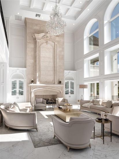 Chandelier, Fireplace, Interior, Living room, Marble, Recessed Lighting