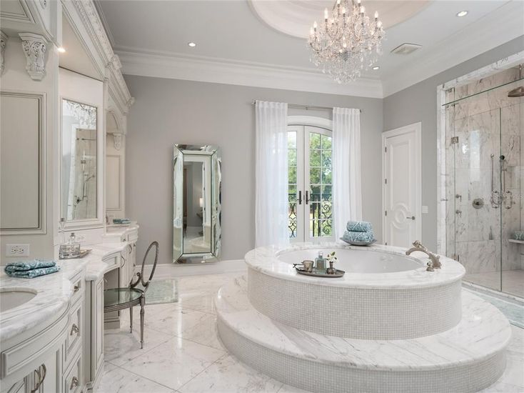 Bathroom, Chandelier, Dual Sink Vanities, Glass Shower, Interior, Marble, Marble Walls, Recessed Lighting