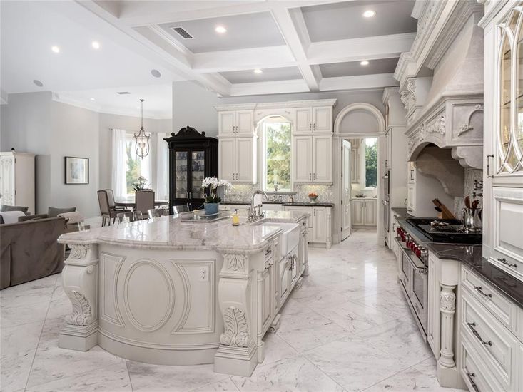 Chandelier, Dining room, Interior, Kitchen, Living room, Marble, Recessed Lighting, Stainless Steel Appliances