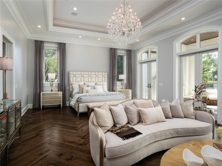 Bedroom, Chandelier, Interior, Recessed Lighting, Wood Texture Flooring