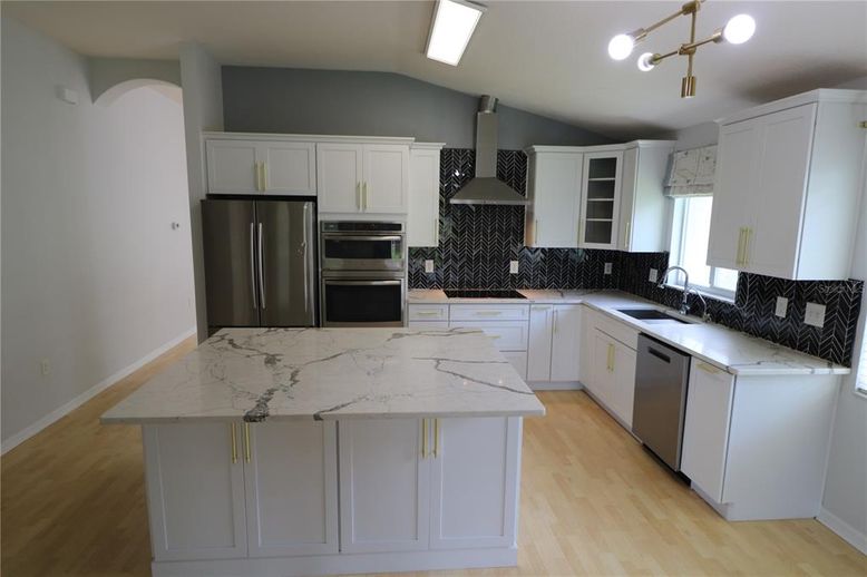 Interior, Kitchen, Pendant Lights, Stainless Steel Appliances, Wood Texture Flooring