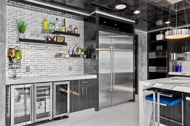 Interior, Kitchen, Recessed Lighting, Stainless Steel Appliances, Stone Walls