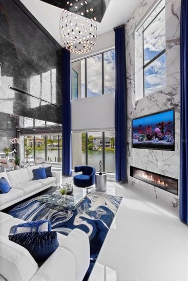 Fireplace, Interior, Living room, Marble Walls, Pendant Lights