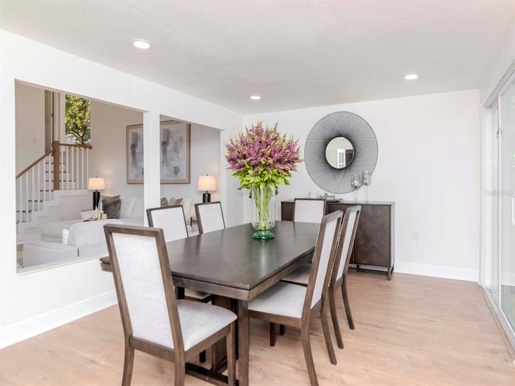 Dining room, Interior, Recessed Lighting, Wood Texture Flooring