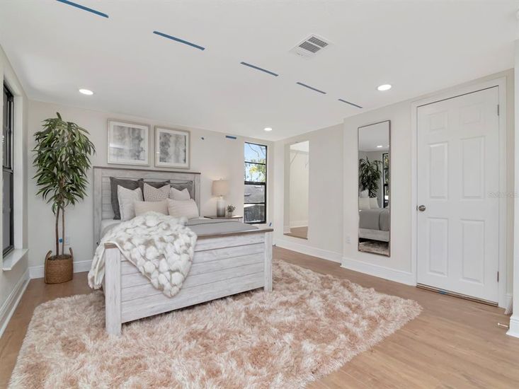 Bedroom, Interior, Recessed Lighting, Wood Texture Flooring