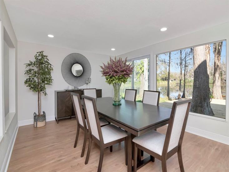 Dining room, Interior, Recessed Lighting, Wood Texture Flooring