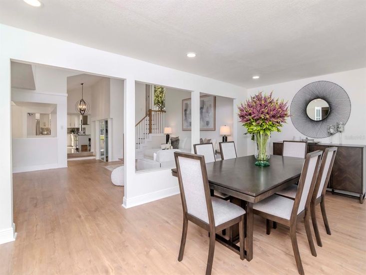 Dining room, Interior, Pendant Lights, Recessed Lighting, Wood Texture Flooring