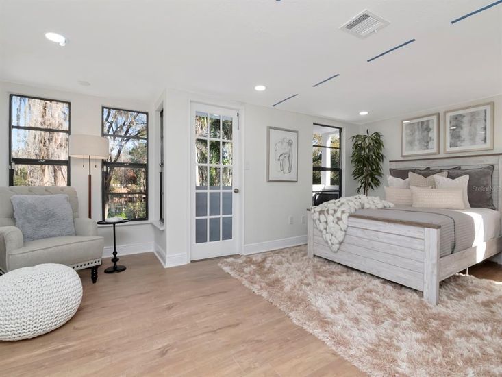 Bedroom, Interior, Recessed Lighting, Wood Texture Flooring