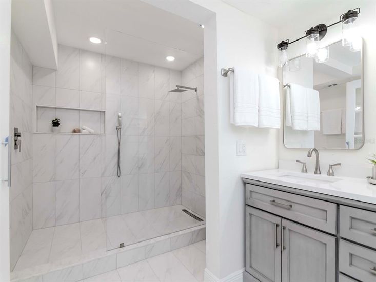 Bathroom, Glass Shower, Interior, Marble, Marble Walls, Recessed Lighting