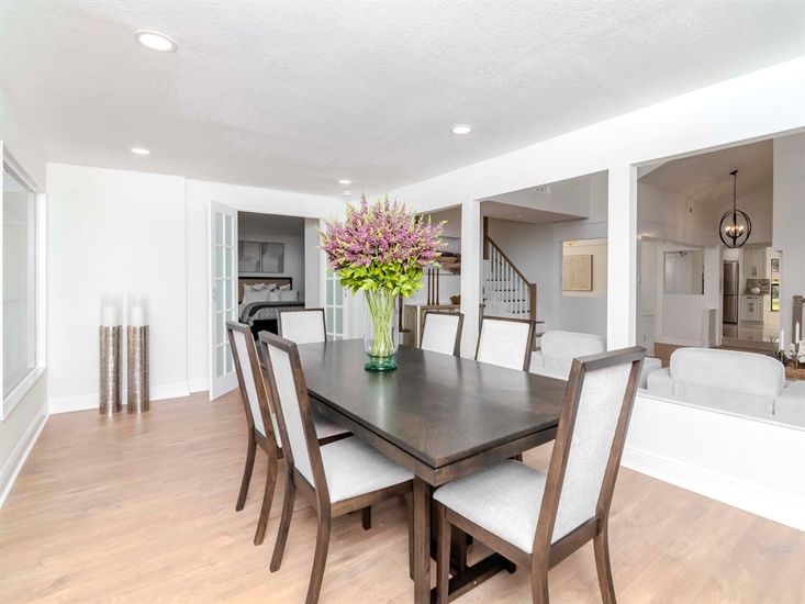 Dining room, Interior, Pendant Lights, Recessed Lighting, Wood Texture Flooring