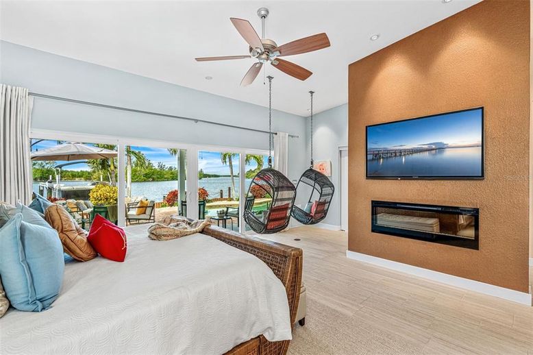 Bedroom, Fireplace, Interior, Water, Wood Texture Flooring