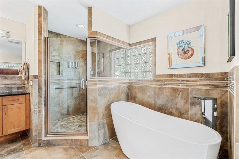 Bathroom, Free Standing Baths, Glass Shower, Interior, Recessed Lighting