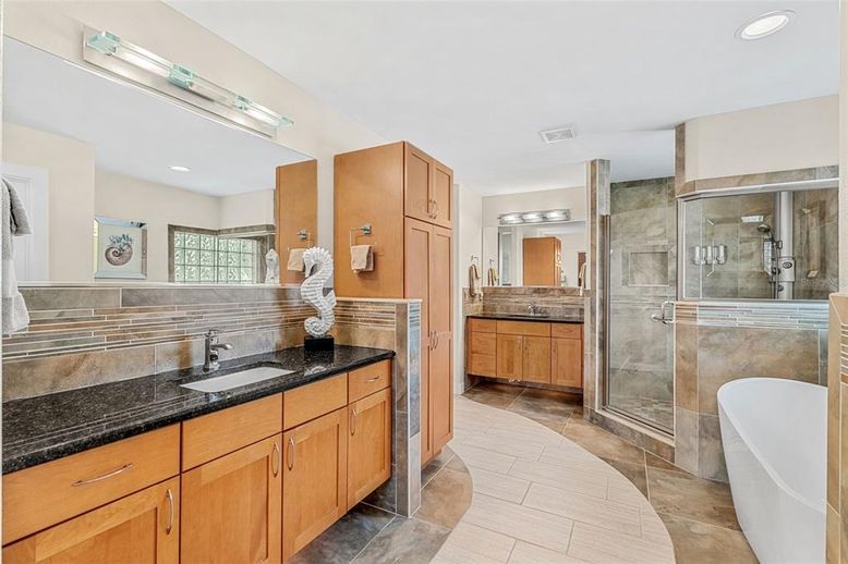 Bathroom, Dual Sink Vanities, Free Standing Baths, Glass Shower, Interior, Recessed Lighting